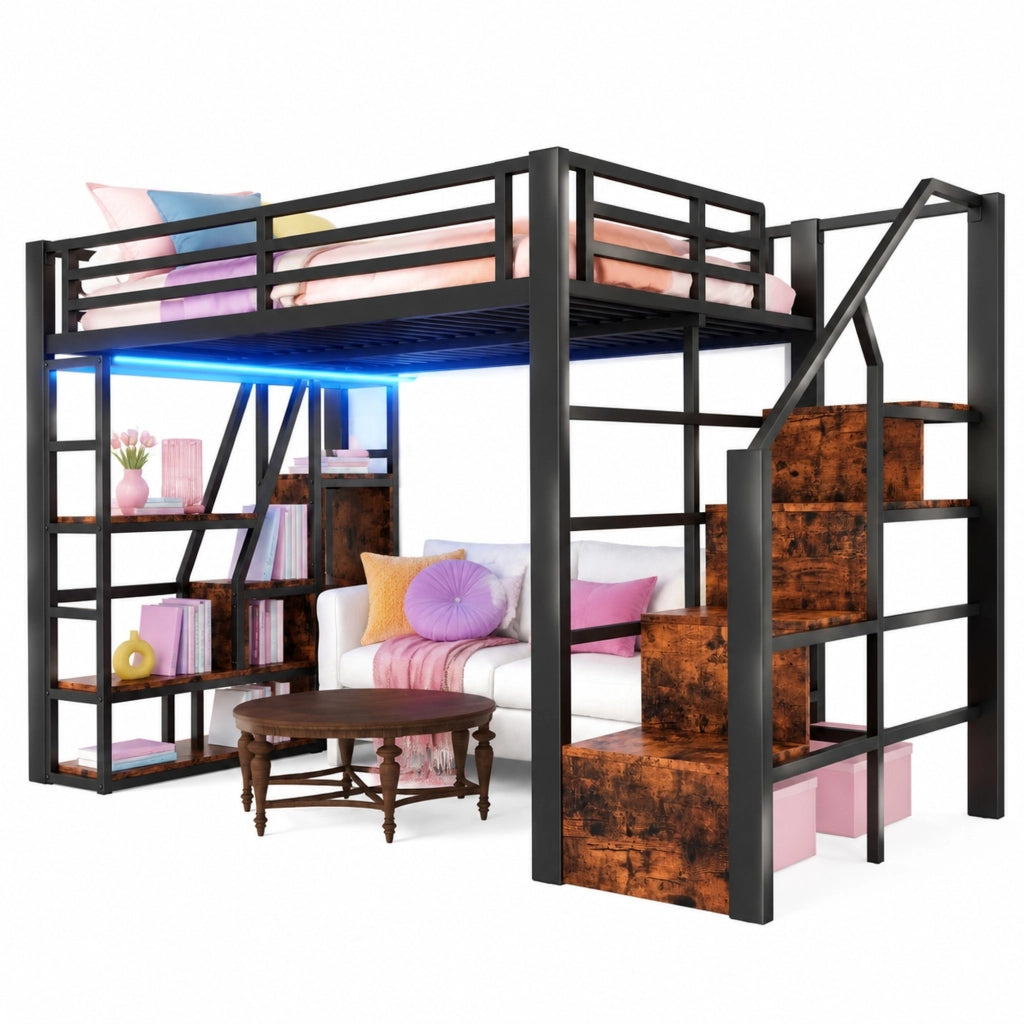 Letto a soppalco 140x200 cm con LED; scaffali e scala contenitore in metallo e MDF nero