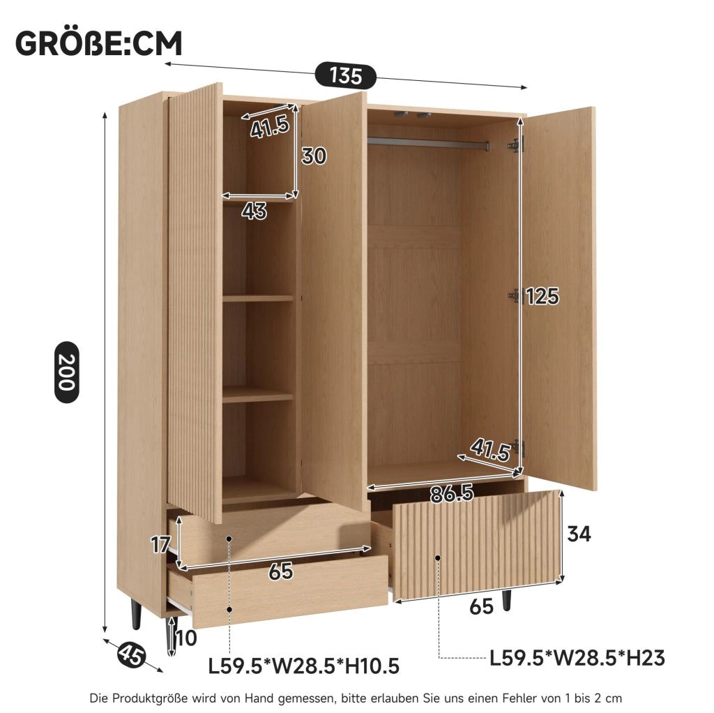 Armadio guardaroba 3 ante con specchio; 135x45x200 cm; 3 cassetti; MDF e acciaio bianco