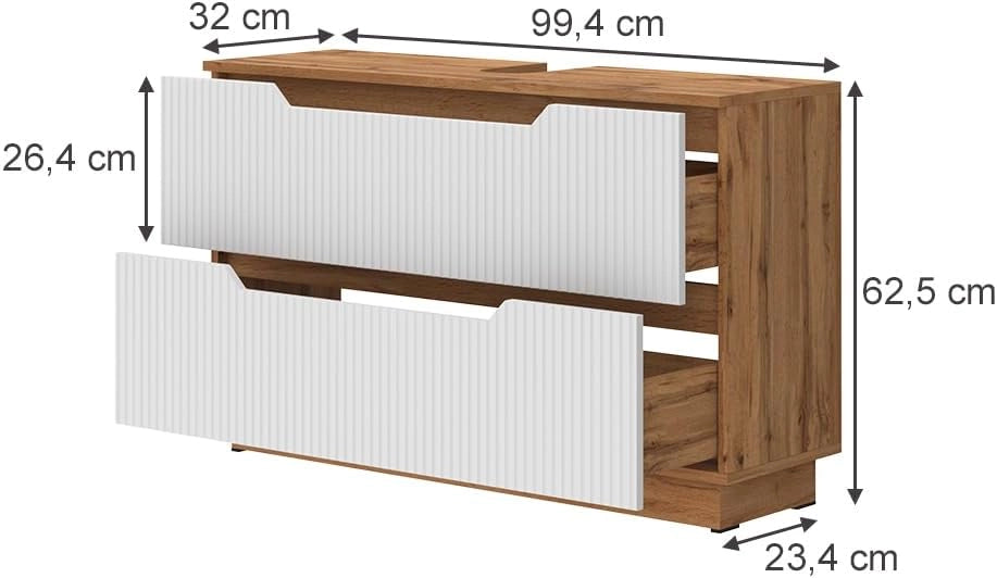 Mobile sottolavabo per bagno Lotta, Rovere/bianco a strisce, 99.4 x 62.5 cm con 2 cassetti