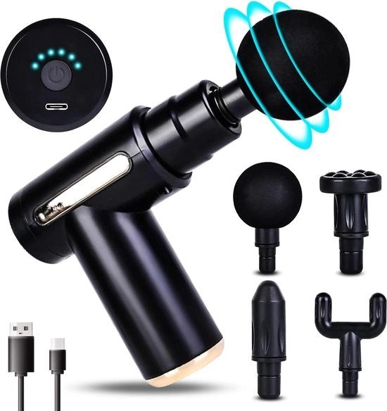 Pistolo di massaggio mini con 6 velocità - portatile e silenzioso - con ingresso di ricarica USB C - 4 teste di massaggio