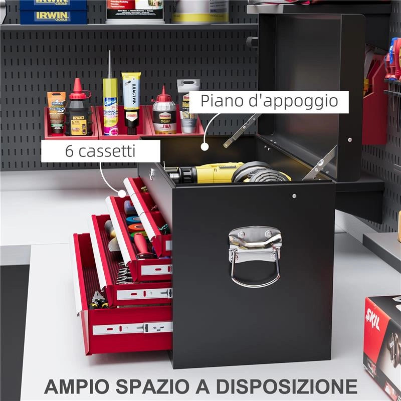CASSETTA PER ATTREZZI 6 CASSETTI IN ACCIAIO CON SERRATURA 60X26X34 CM NERO E ROSSO
