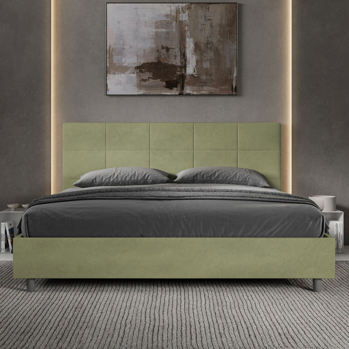 Letto Matrimoniale King Size 200x210 cm con Rete Imbottito in Microfibra Mika Tè Verde