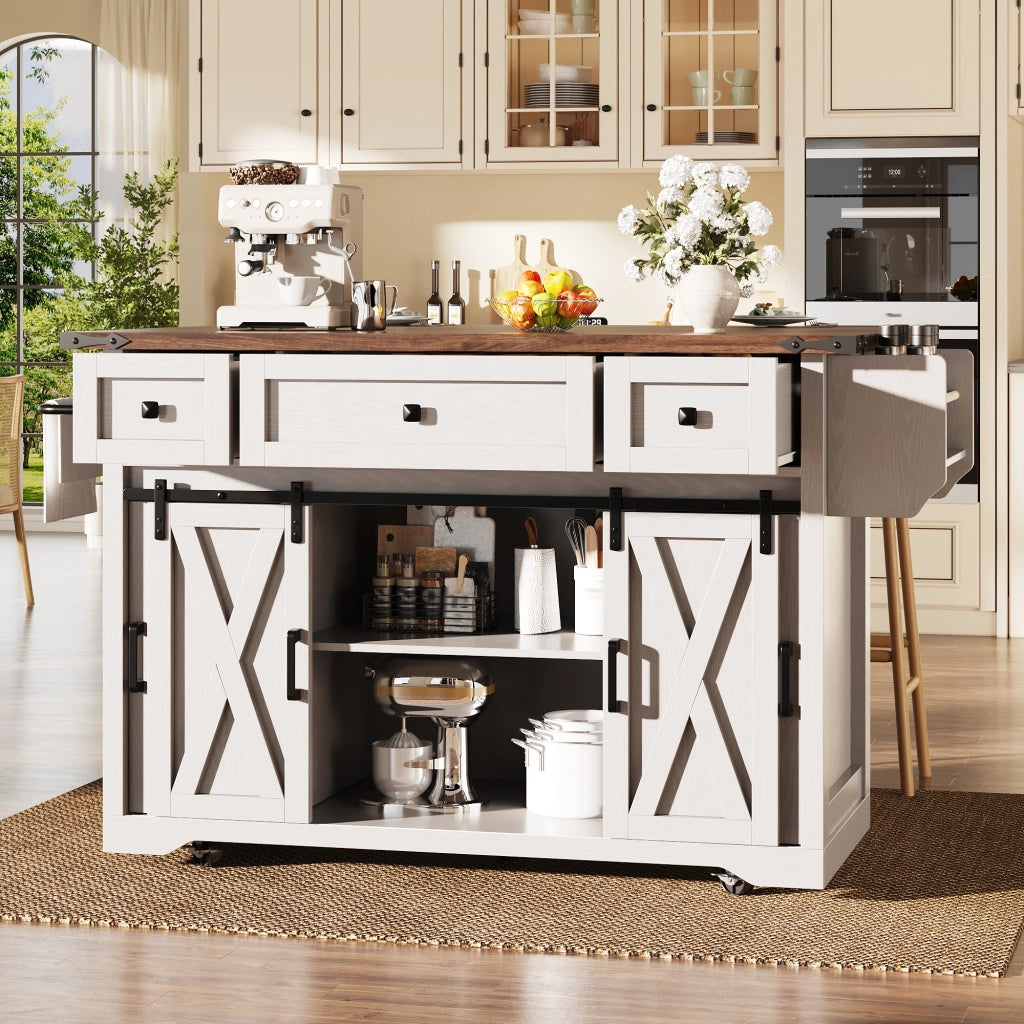 Carrello isola cucina mobile con piano estraibile e presa elettrica, bianco, 75 kg
