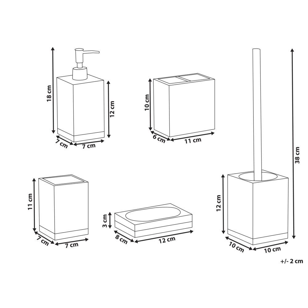 Set di 5 accessori da bagno con portasapone, dispenser, scopino, bicchiere e portaspazzolini beige