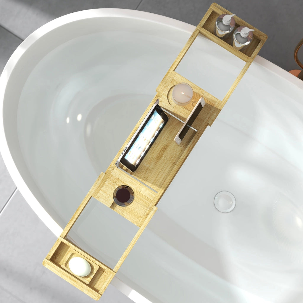 Ripiano per vasca da bagno in bamb¨´ estensibile con porta bicchiere e porta sapone ¨C zephmum ¨C 75-109x23x4.5cm