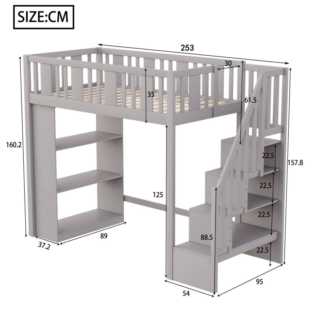 Letto a soppalco per bambini 90x200 cm con scala contenitore e 3 vani portaoggetti; legno grigio