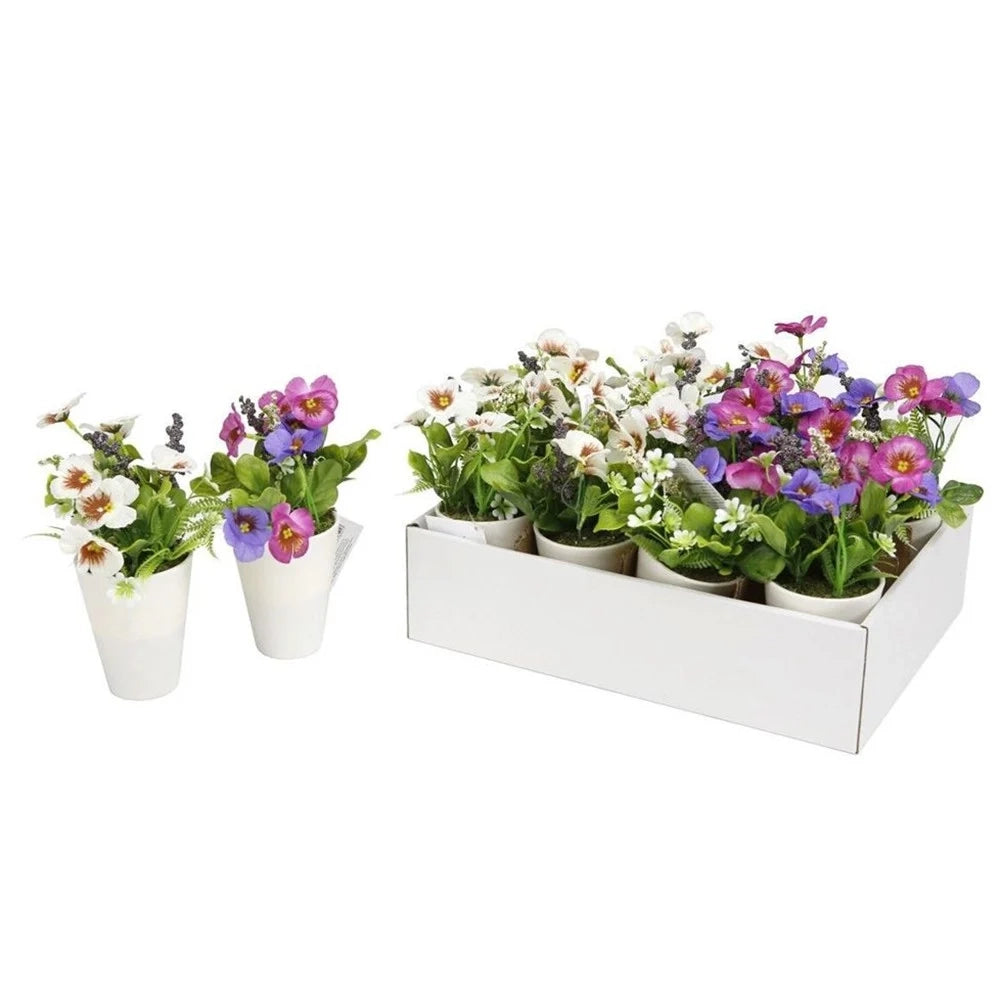 Trade Shop - Set 12 Pz Mini Pianta Fiori Artificiale Con Vaso In Pp Cilindrico ø6.5x21 Cm 207216 -