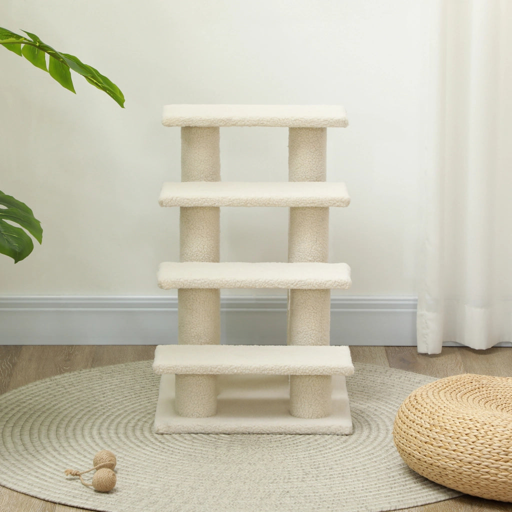 Scaffale a 4 gradini per cani e gatti in truciolare con rivestimento in peluche, bianco crema, 63,5 × 43 × 60 cm