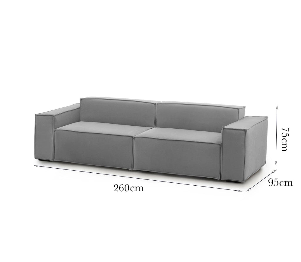Divano fisso Argo, Divano componibile a 3 posti lineare, Made in Italy, SofÒ  moderno da soggiorno in tessuto, Cm 260x95h70, Grigio