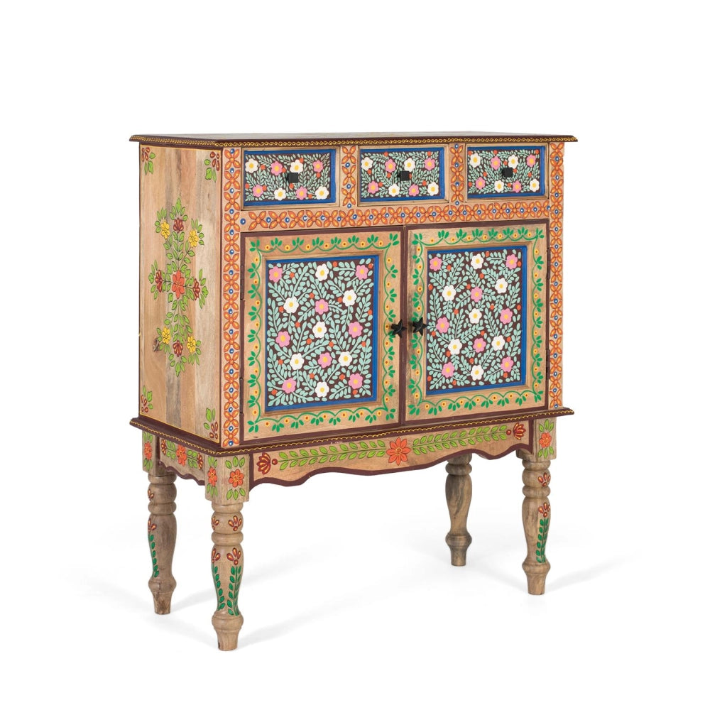 Consolle in legno di mango con porta decorata a mano