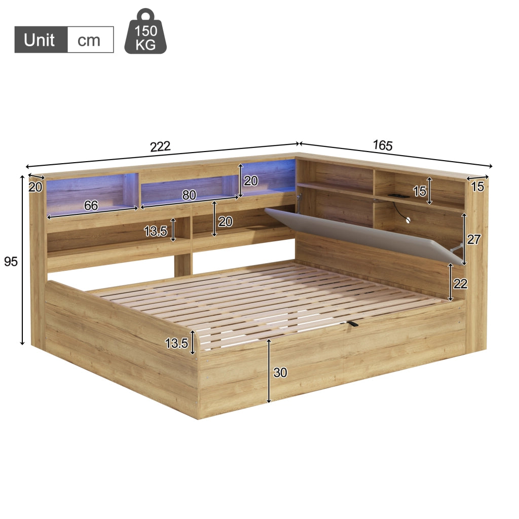 Letto per bambini 90 × 200 cm et 140 × 200 cm contenitore idraulico, LED, USB et USB-C, senza materasso, in MDF, naturale