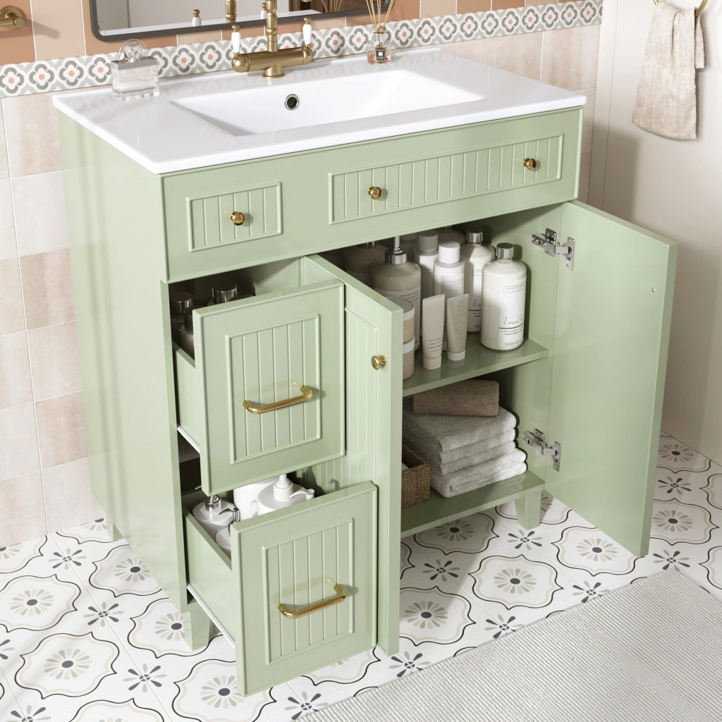 Mobile sottolavabo con lavabo in ceramica e più cassetti, per bagno, in MDF laccato verde 81,7 cm