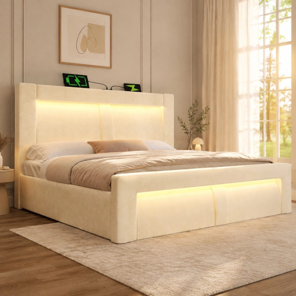 LETTO Contenitore 160x200 cm in velluto beige con LED e porte USB