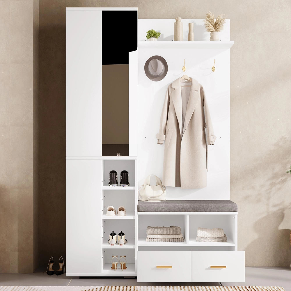 Vestiaire completo con specchio - Xylo - 120x35x190 cm - Bianco - Panca scarpe e 3 ganci