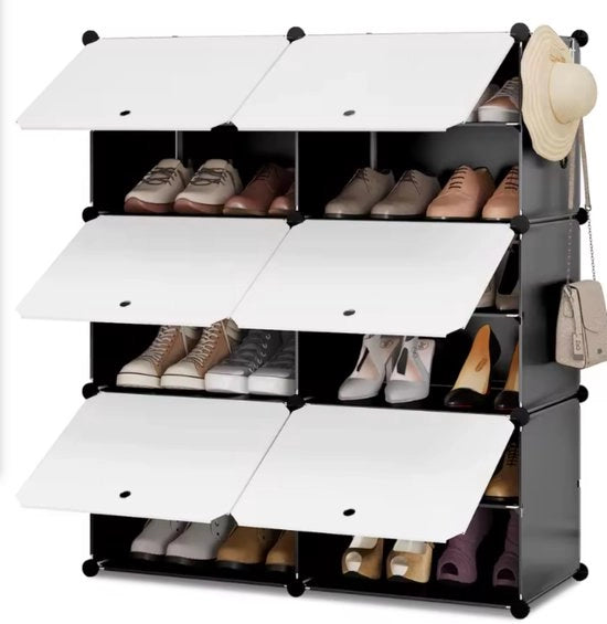 Cassettiera per Scarpe con 6 Compartimenti - Cassa per Scarpe Modulare - Cassa per Scarpe in Plastica con Porte - Per Salotto, Soggiorno o Camera da Letto - Organizzatore per Scarpe da Montare - Nero/Bianco - 45x35x35 cm per Cassa
