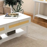 Tavolino da Caffè Boho con 2 Cassetti e Ripiano, in Rattan e Truciolato, 120x50x50 cm, Bianco e color Legno