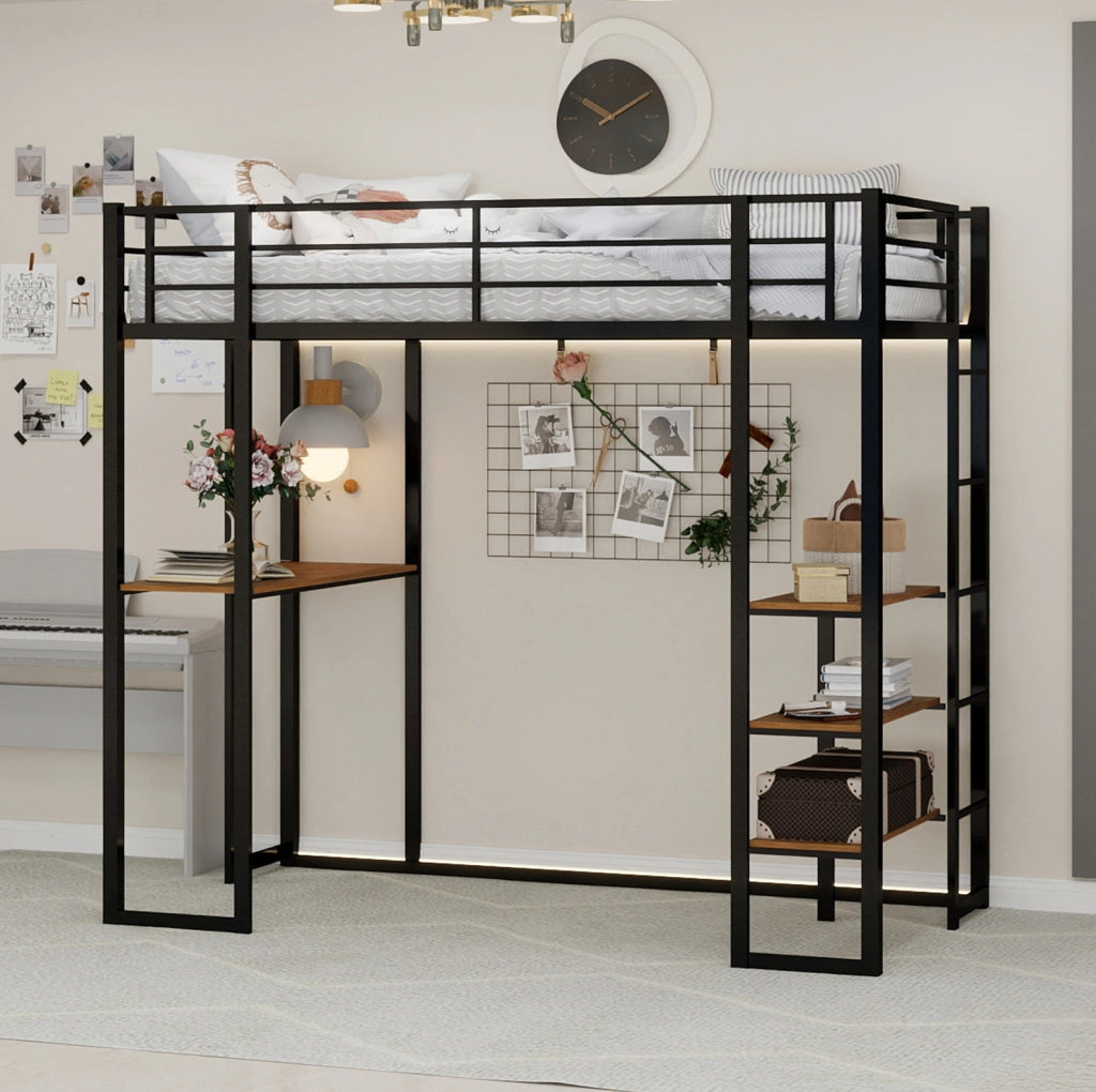 Letto a soppalco in ferro nero con scrivania e scale laterali