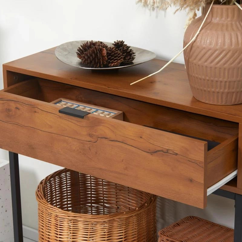 CONSOLLE DA INGRESSO MINIMAL CON CASSETTO, IN LEGNO E ACCIAIO, 80X30X76 CM, COLOR LEGNO E NERO