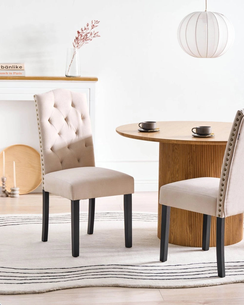 Set di 2 sedie da pranzo in tessuto di velluto color crema design retrò moderno gambe in legno Nero