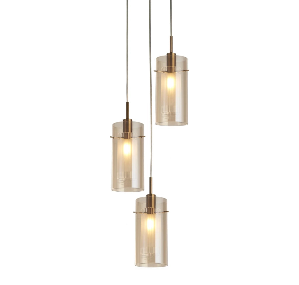 Lampadario Contemporaneo Duetto 3 Acciaio Bronzo Vetro 3 Luci E14