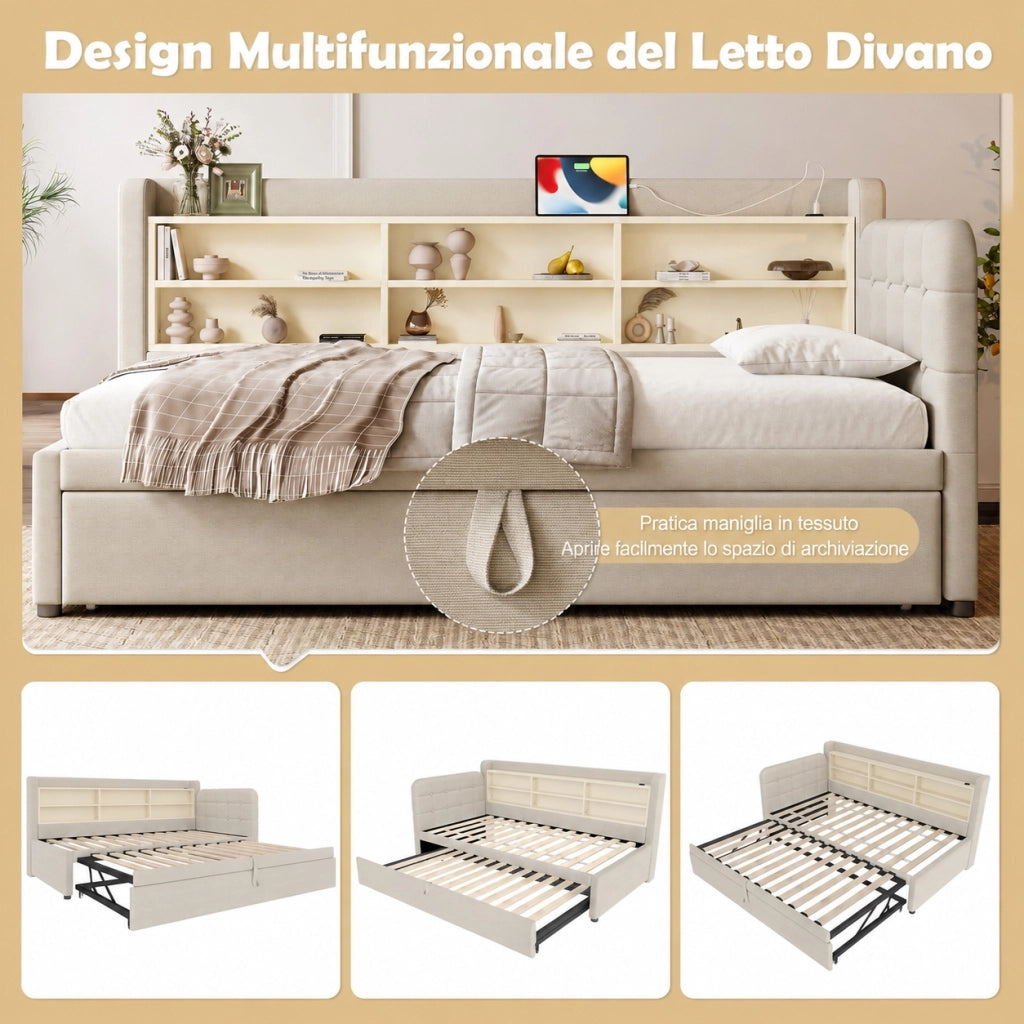 Letto estraibile trasformabile in divano 90x200 cm con USB e USB C; lino e MDF; grigio