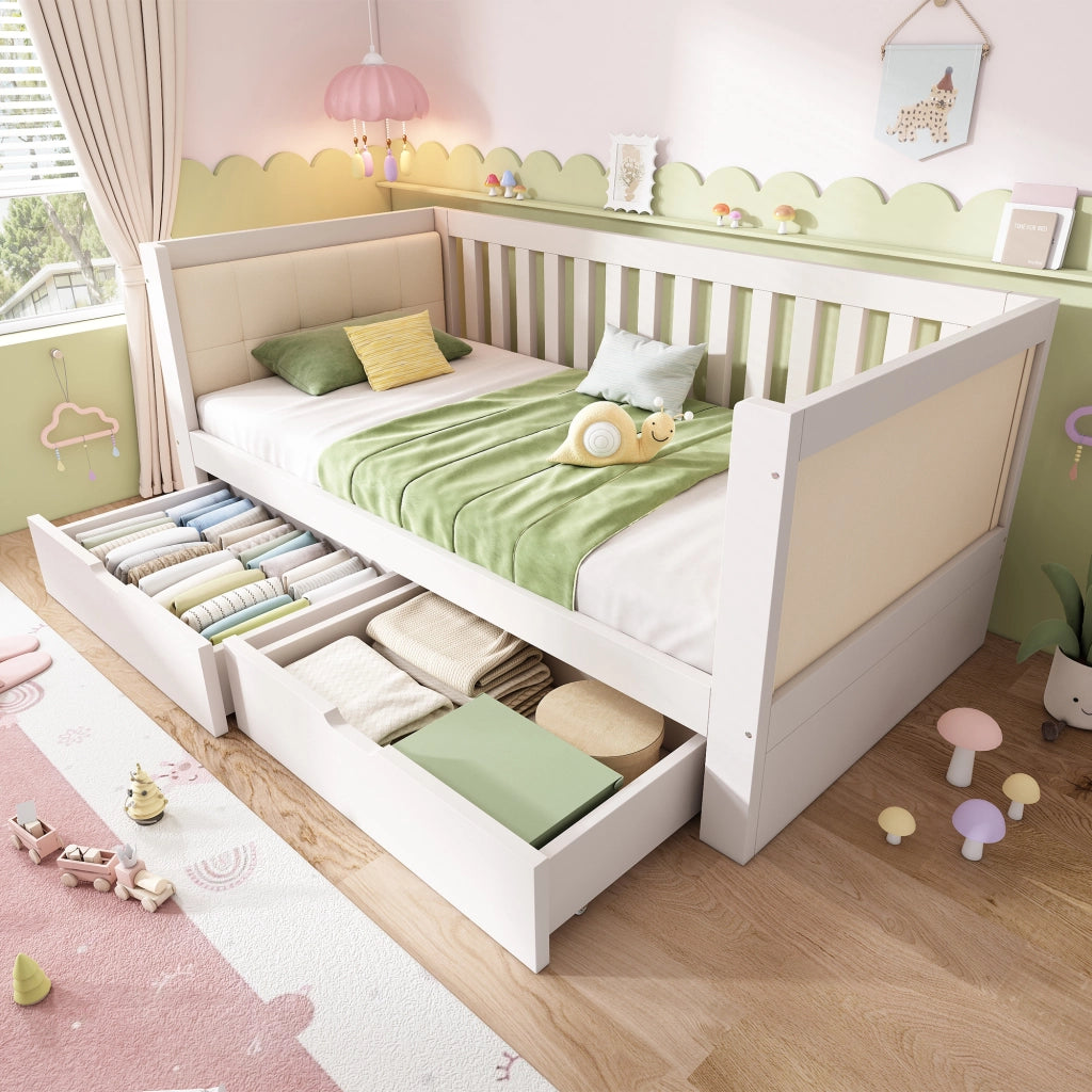 Divano letto con 2 cassetti 90x200 cm in legno bianco