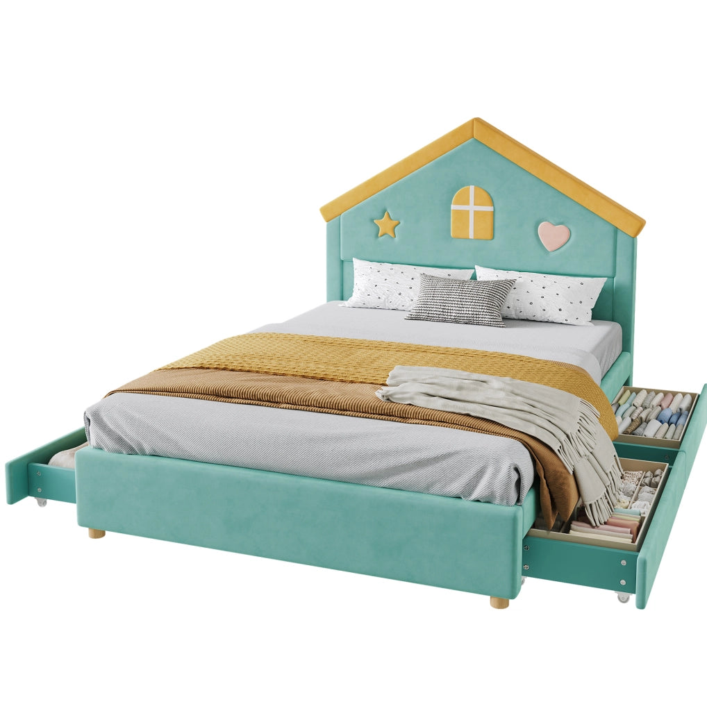 Letto bimbi 140x200 in velluto blu-verde, 4 cassetti, senza materasso –