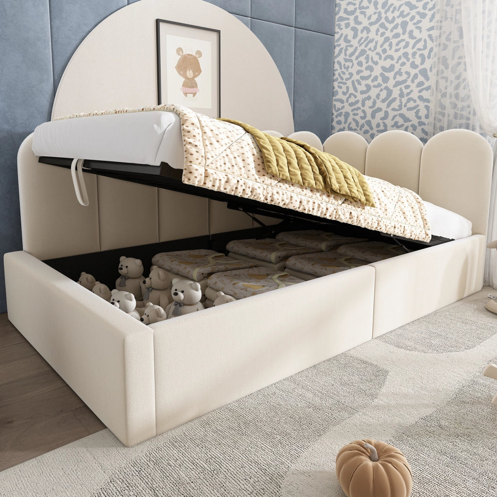 Letto a giorno 90x200 cm in velluto con contenitore idraulico, struttura in metallo, beige
