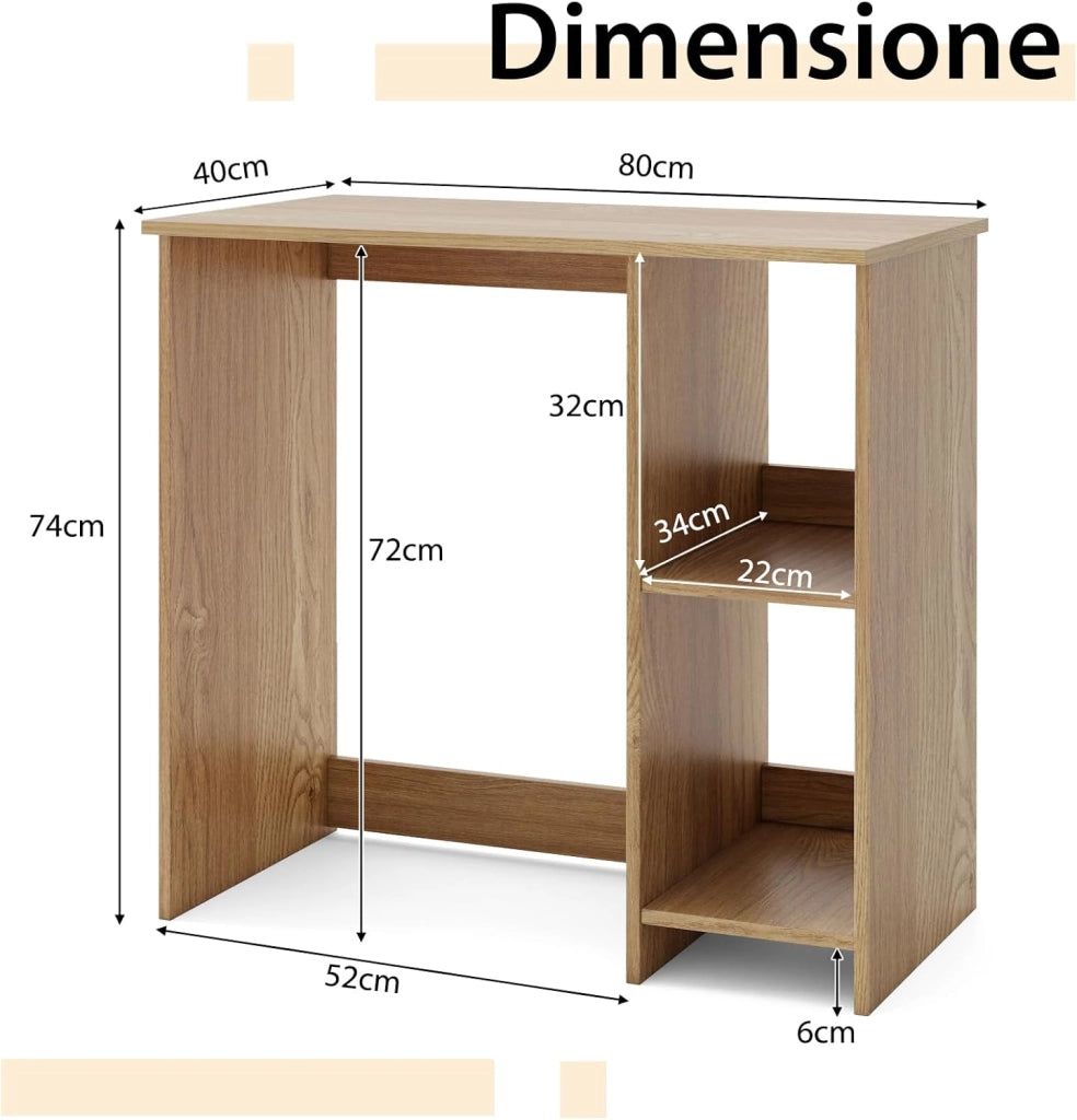 Scrivania per Computer in Legno con 2 Ripiani per Ambienti Piccoli, Scrivania Moderna e Salvaspazio da Casa e Ufficio, 80 x 40 x 74 cm (Naturale)