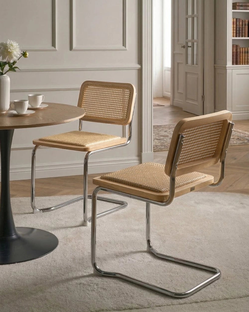 Set di 2 sedie da pranzo in legno chiaro e rattan naturale Gambe d'argento a sbalzo Design retrò senza braccioli