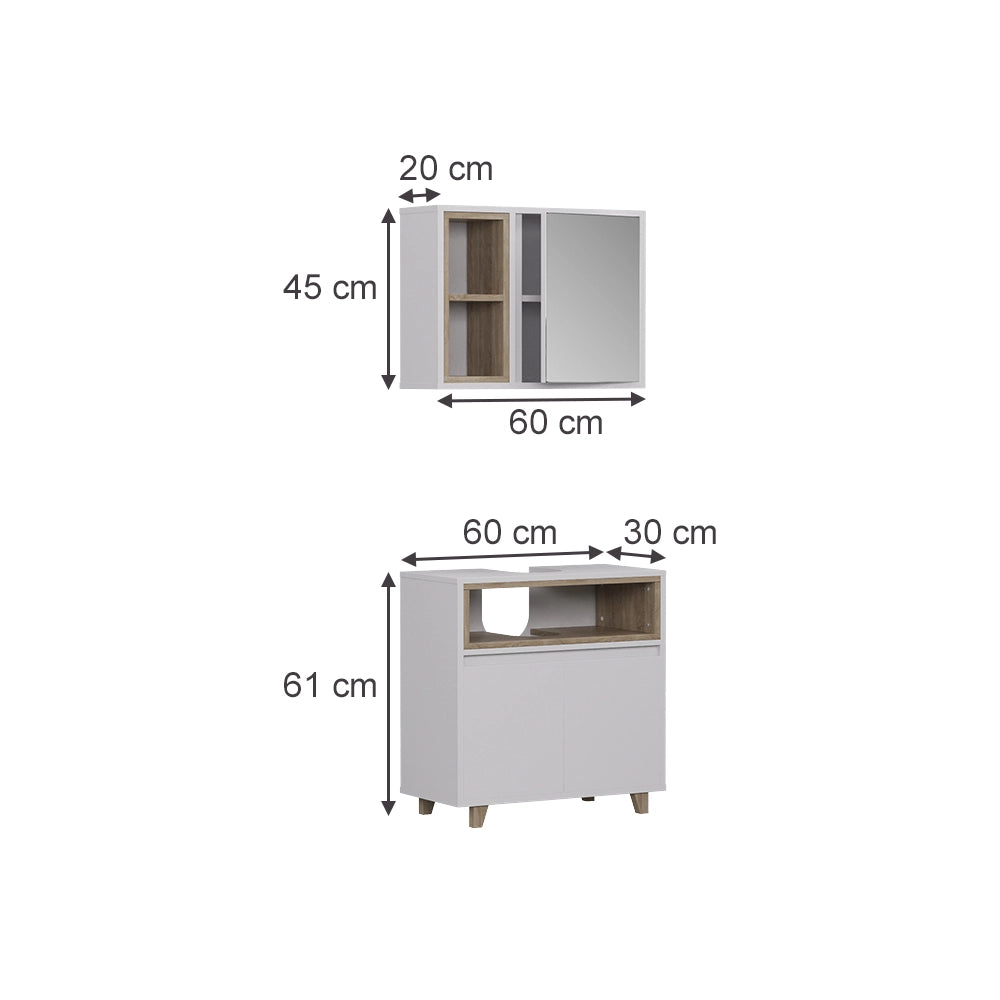 Vicco Set di mobili da bagno Bianco/quercia con mobiletto a specchio e mobiletto base