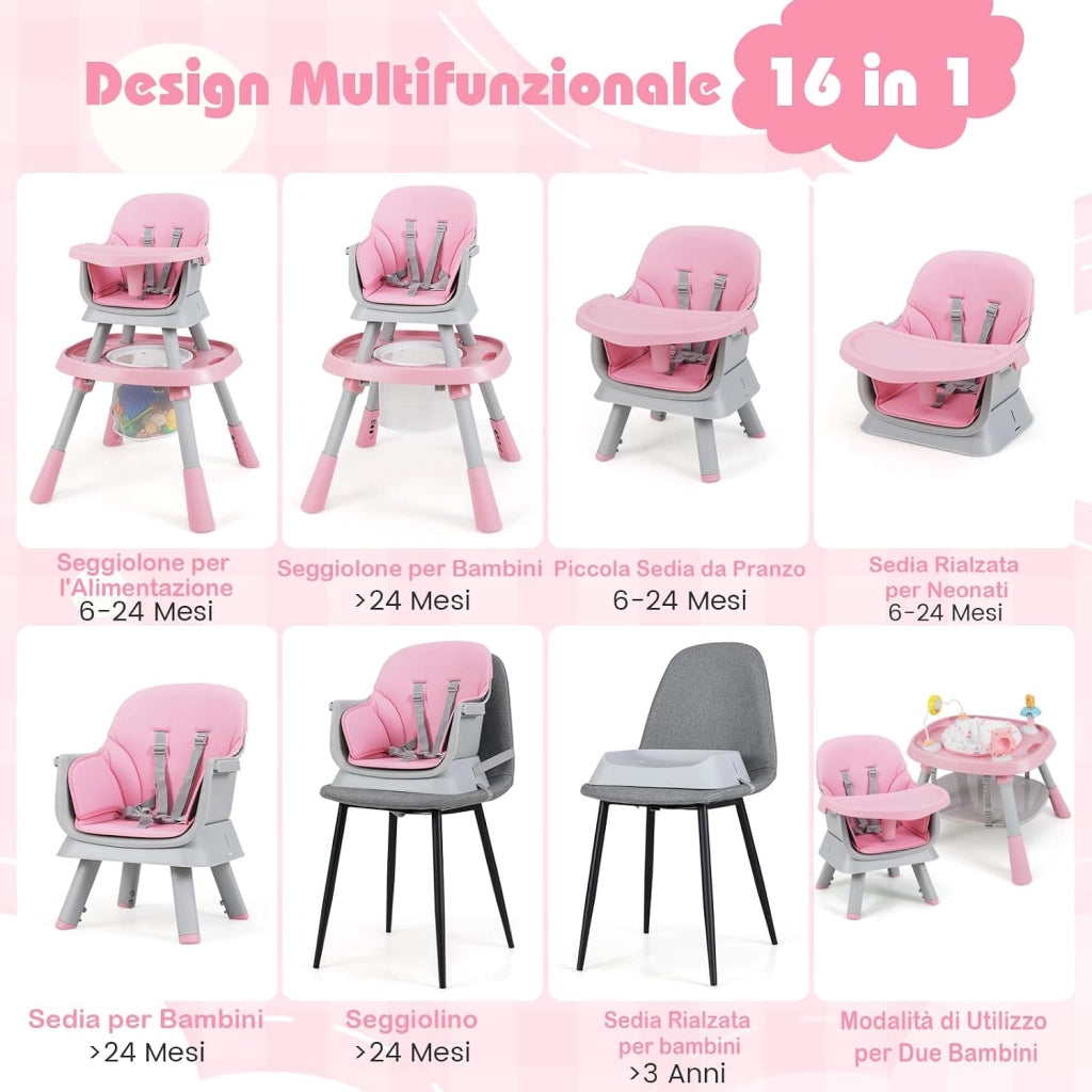 Seggiolone Pappa Bambini, con Cintura e Vassoio Rimovibile (Rosa) | Sedia Evolutiva per Neonati 6-36 Mesi con Cintura e Vassoio Rimovibile, 3 Giochi e Cestino