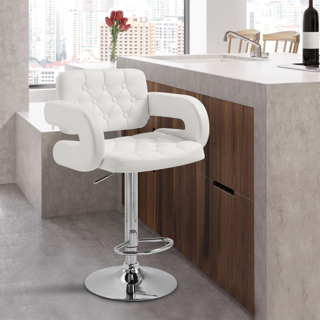 Sgabello Bar con Schienale e Braccioli ¨C zephmum ¨C Pelle Bianca, Struttura in Acciaio, Altezza Regolabile