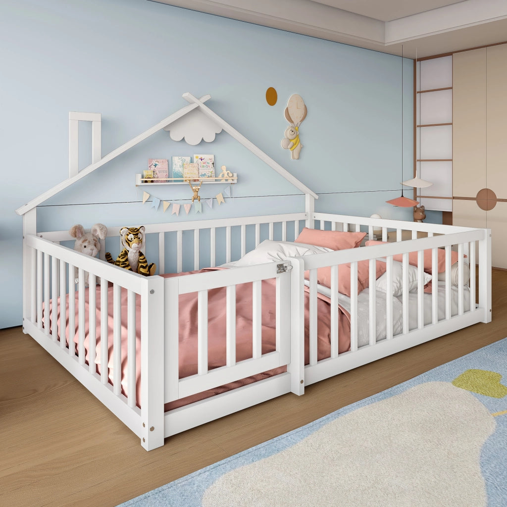 OKWISH Letto a casetta 140×190 cm, Letto Matrimoniale con Sponda 32 cm e Chiusura, senza Materasso, in Pino e MDF, Bianco