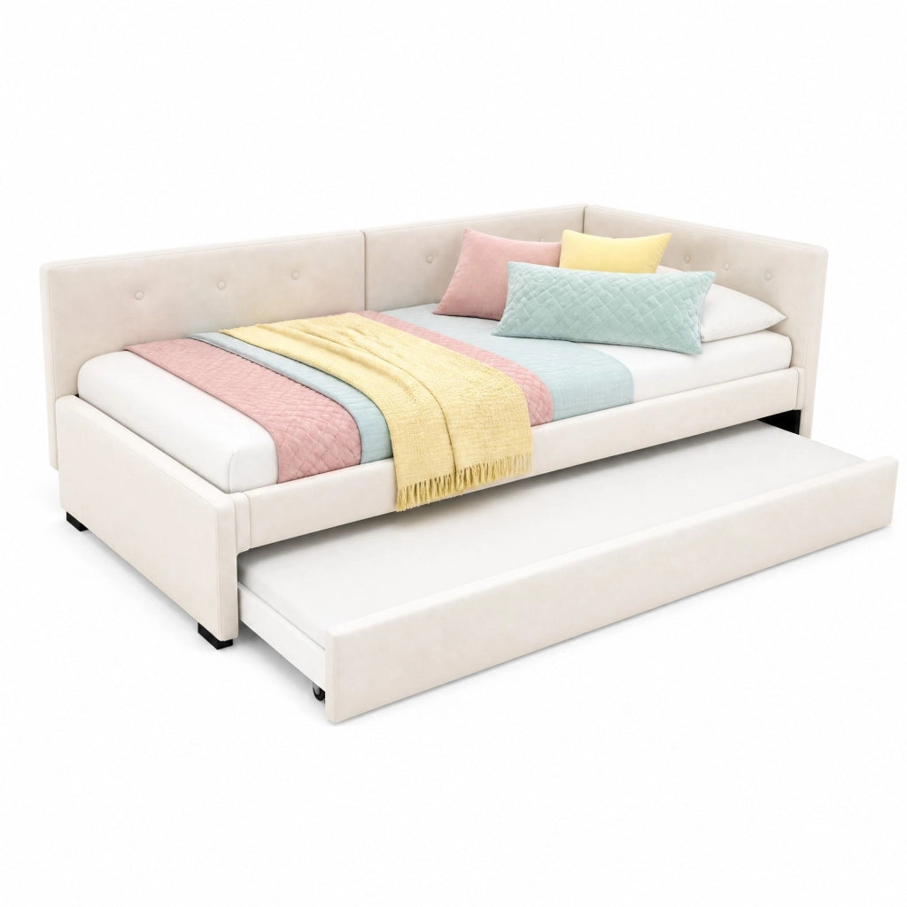 Letto singolo 90x200 cm in velluto beige con letto estraibile, rete a doghe e testiera, senza materasso