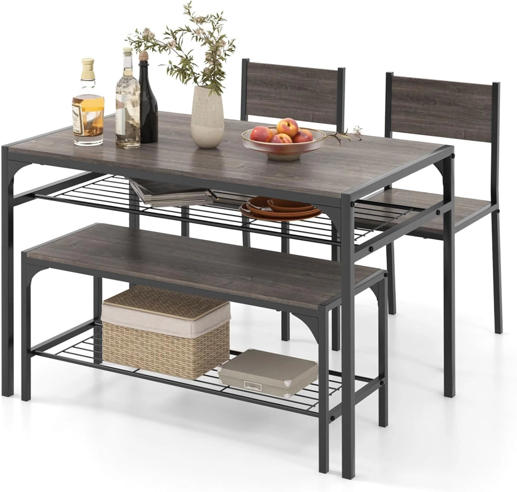 Set di tavolo da pranzo per 4, tavolo rettangolare con 2 sedie, 1 panchina, mensole, telaio in metallo resistente, set da pranzo da 4 pezzi, sala da pranzo, cucina (grigio), NF88000
