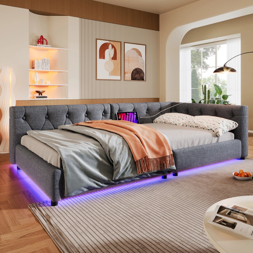 Letto divano con rete a doghe in lino grigio 90x200 cm