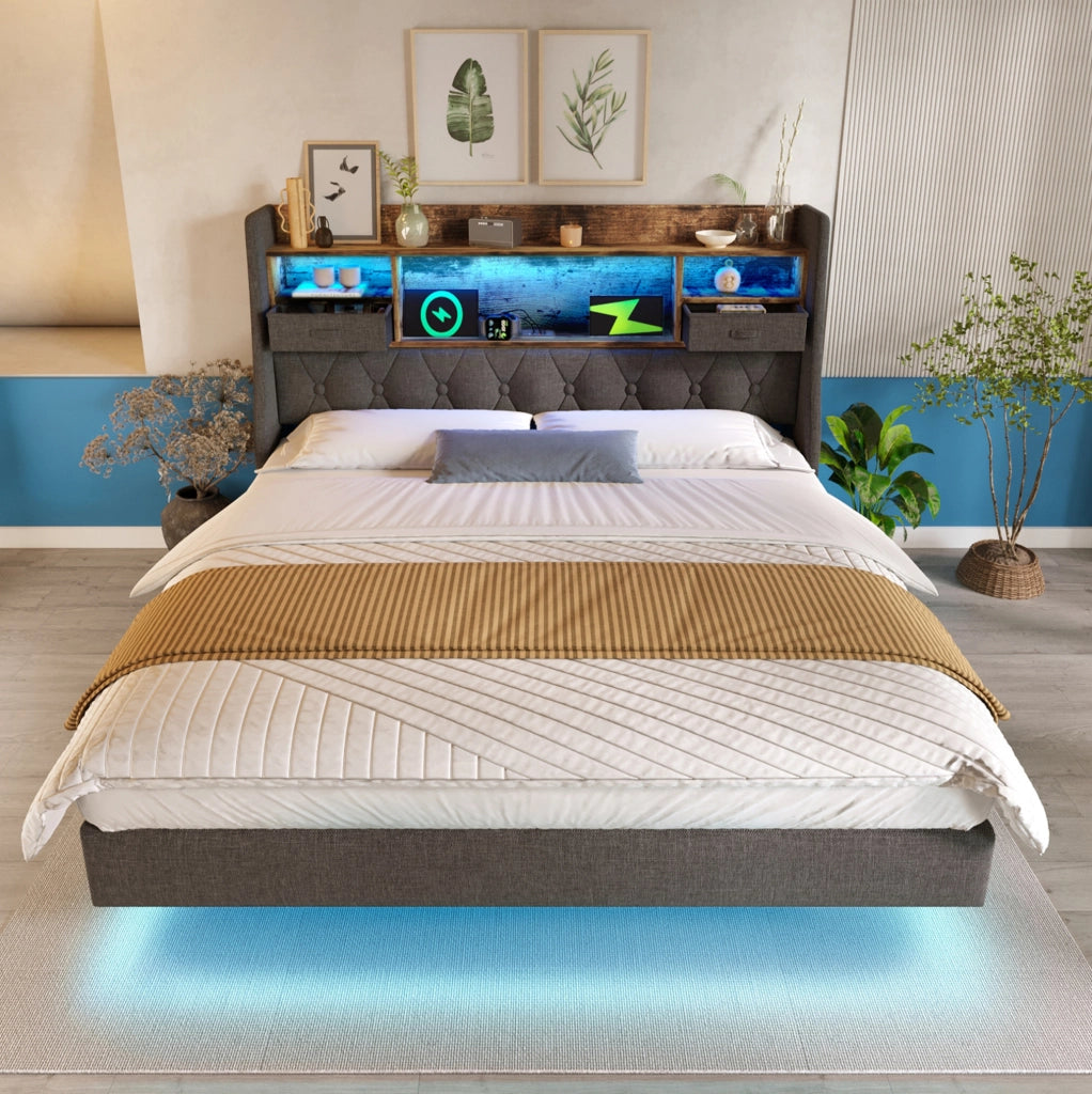 Letto matrimoniale 160x200 cm in lino grigio con LED; prese USB e contenitore testiera