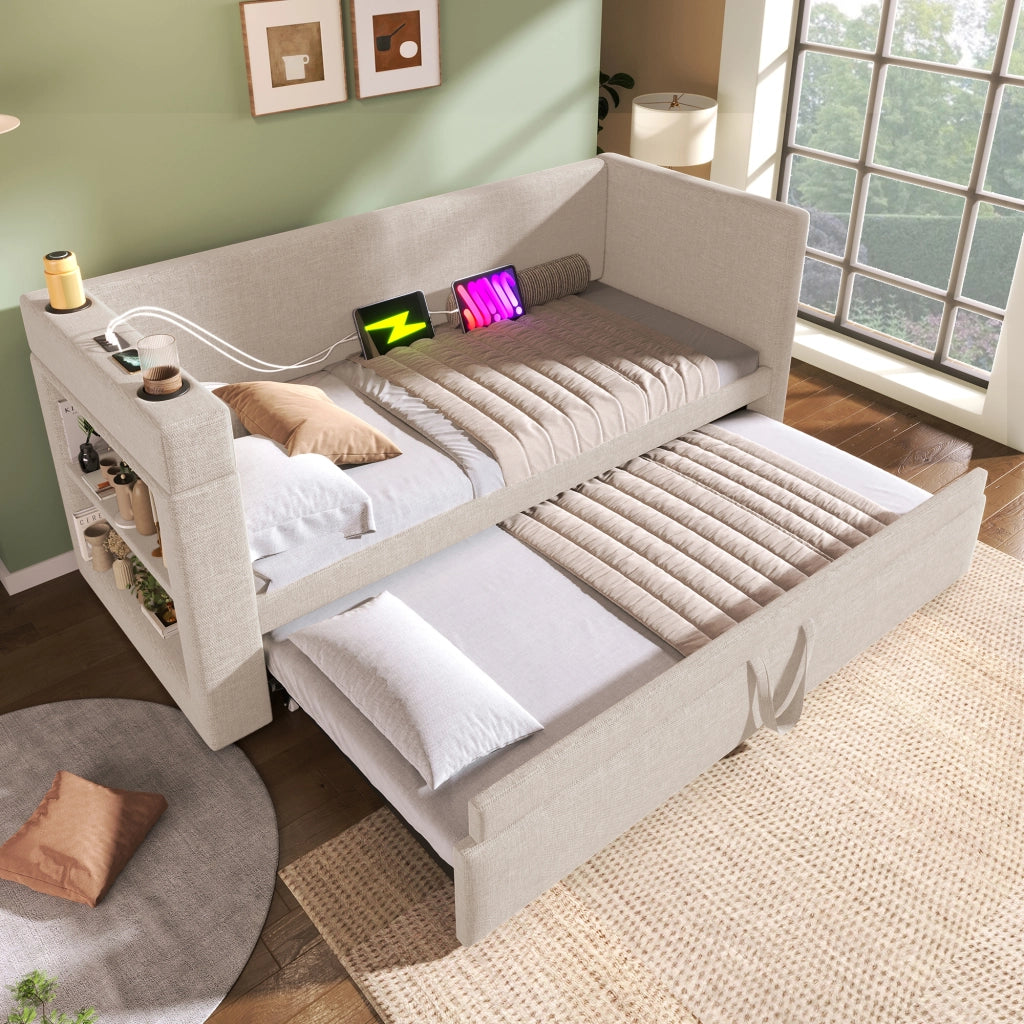 Letto divano singolo 90 × 190 cm con letto estraibile, 3 USB, Type C e portabicchieri, senza materasso beige