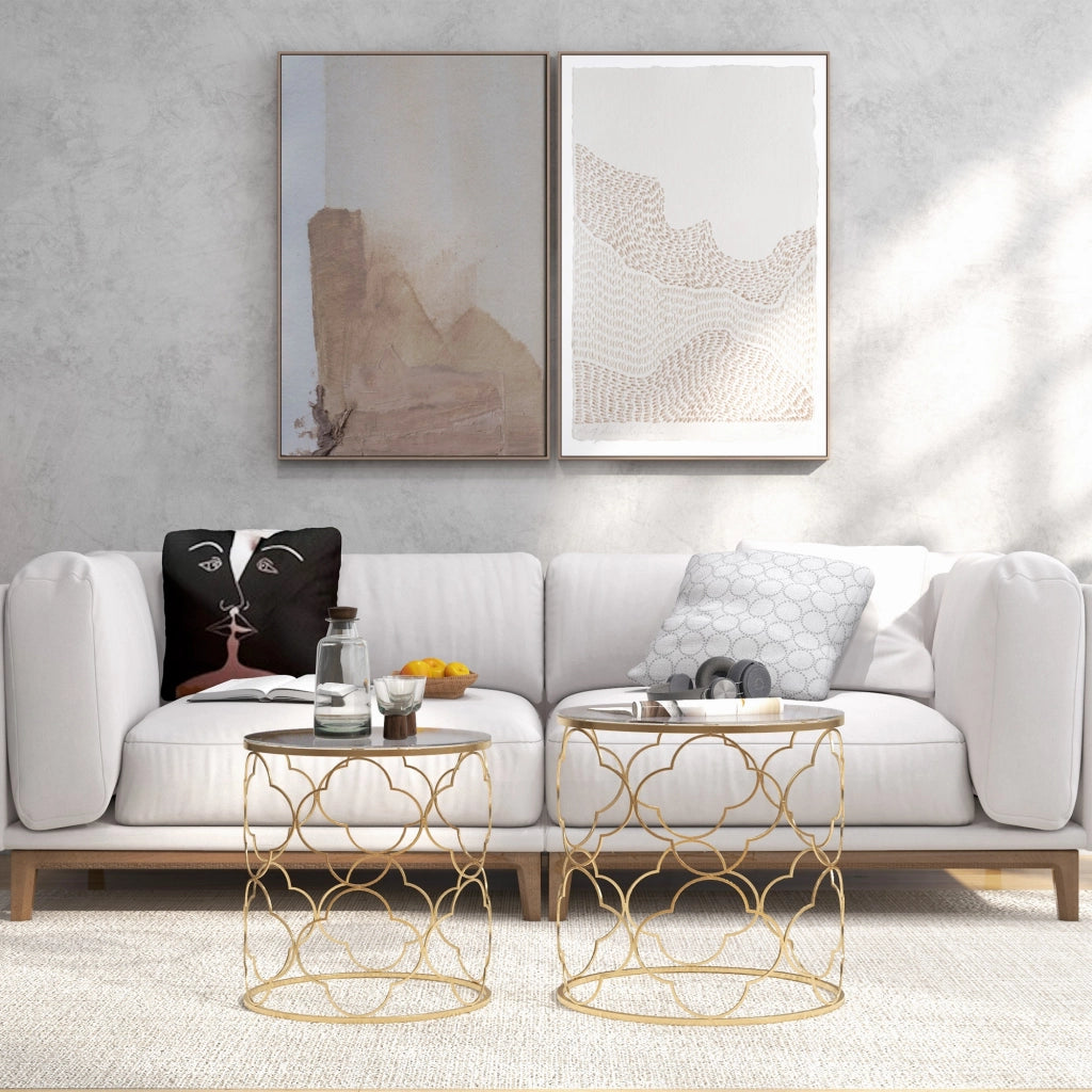EasyComfort Set di 2 Tavolini da Salotto Impilabili Art Deco in Metallo con Piano in Vetro, Oro