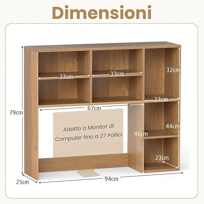 Libreria da Scrivania, Scaffale per Scrivania con 3 Ripiani Regolabili e Scomparto Aperto per Monitor 27", Organizzatore di Spazio per Casa Ufficio Dormitorio, 94x25x79 cm (Naturale)