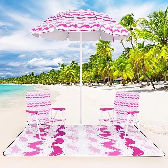 Set da Spiaggia di 4 Pezzi con Ombrellone, 2 Sedie Pieghevoli, Coperta da Picnic, Parasole Portatile per Esterni con Meccanismo di Inclinazione, Portabicchieri, Braccioli