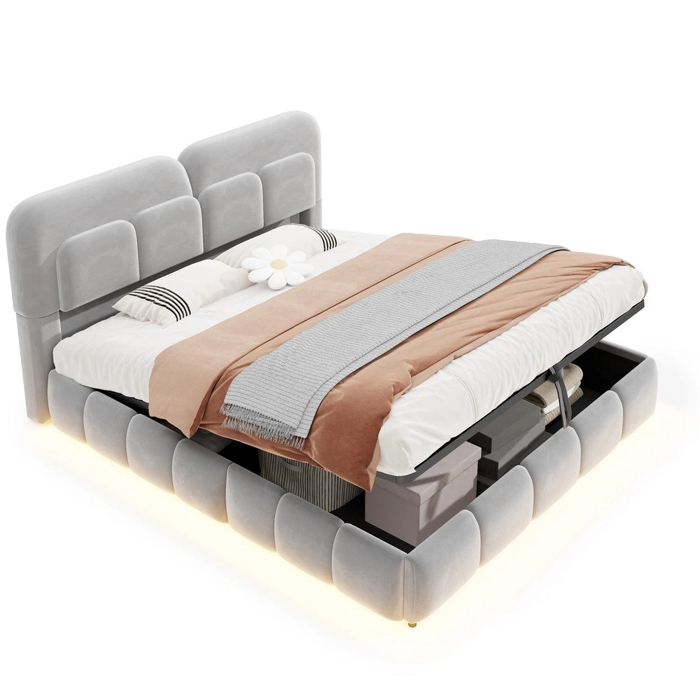 Letto imbottito 140x200 cm contenitore ¨C Minimal ¨C grigio velluto con led