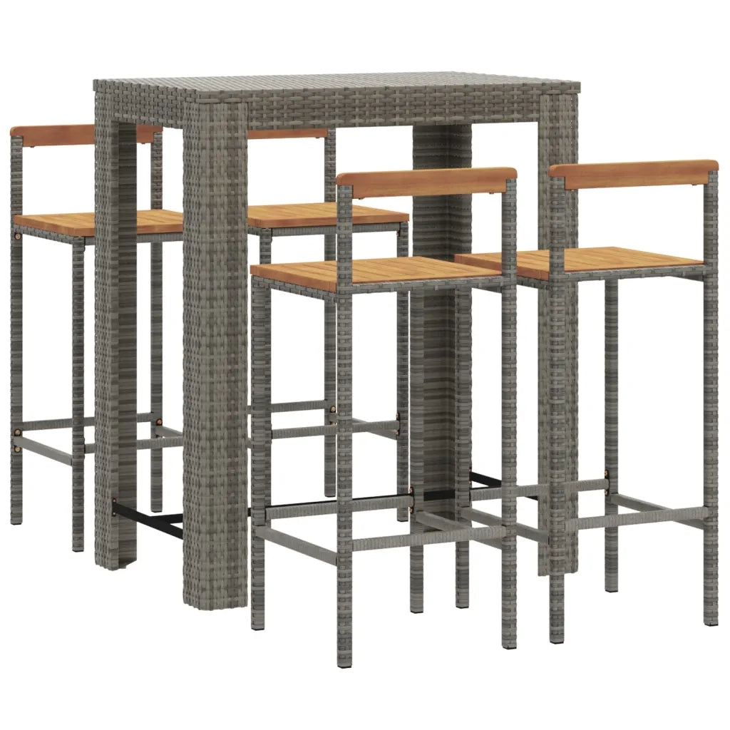 Set Bar Giardino 5pz | Set Salotto da Giardino Grigio Polyrattan e Legno Massello Acacia