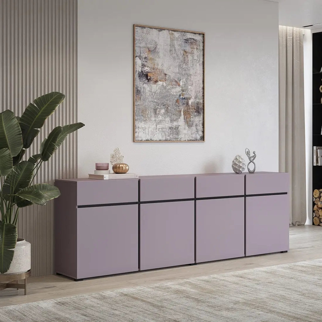 Buffet HAVANA 225 cm – Lilla pastello e nero – 4 porte, 4 cassetti – Design moderno