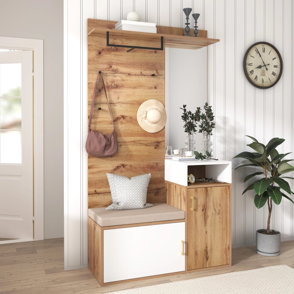 Set mobili da ingresso con specchio, panca, scarpiera e appendiabiti, in MDF bianco e legno