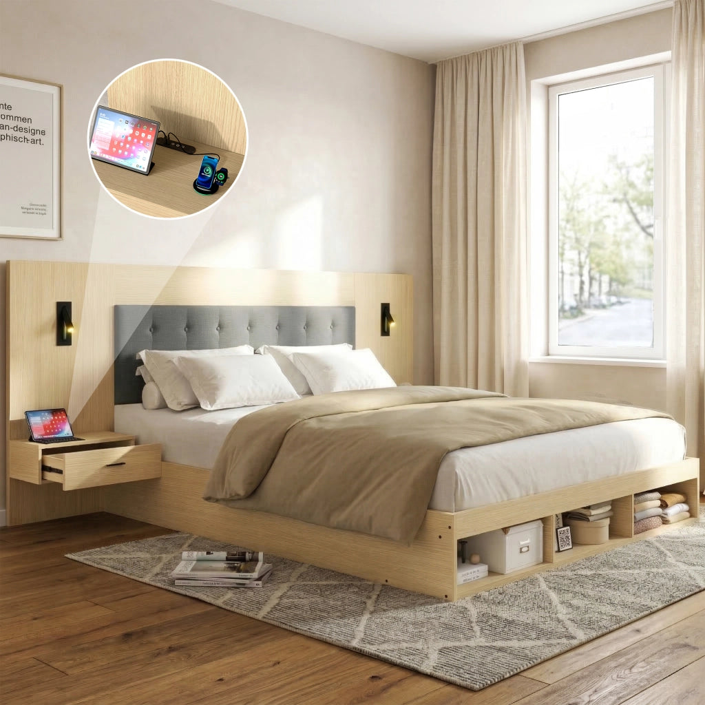 Letto matrimoniale 180x200 cm con contenitore, USB e Type-C, lampade da lettura, 2 comodini, rovere chiaro