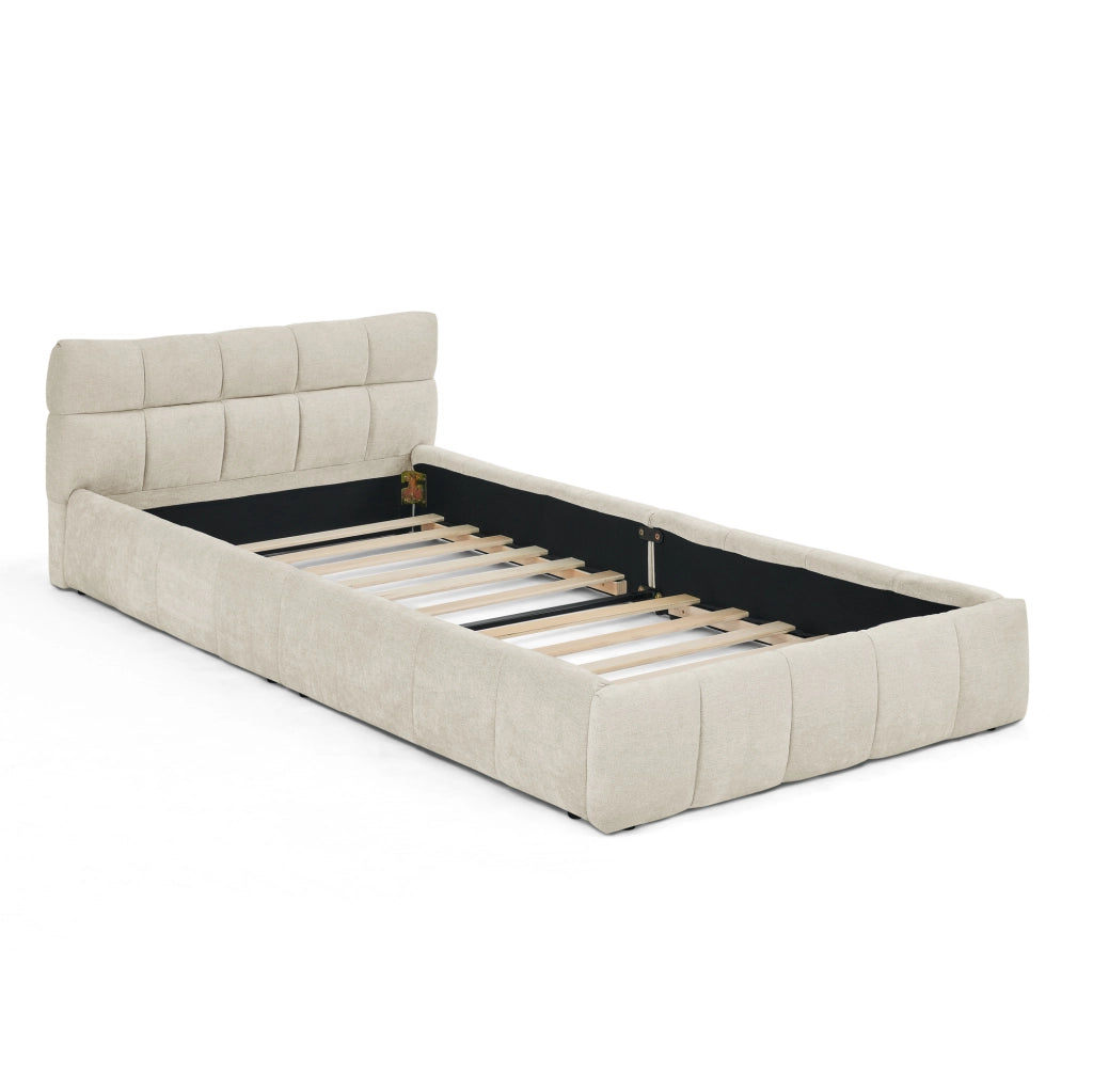 Letto imbottito 90x200 cm con cuciture quadrate in ciniglia beige