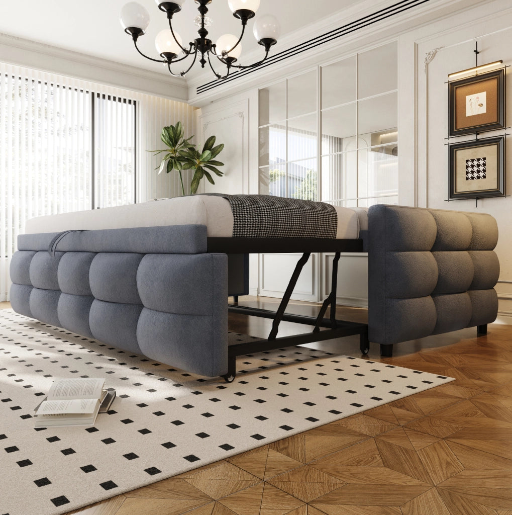 Letto imbottito estraibile 90/180x190 cm in teddy grigio con rete a doghe