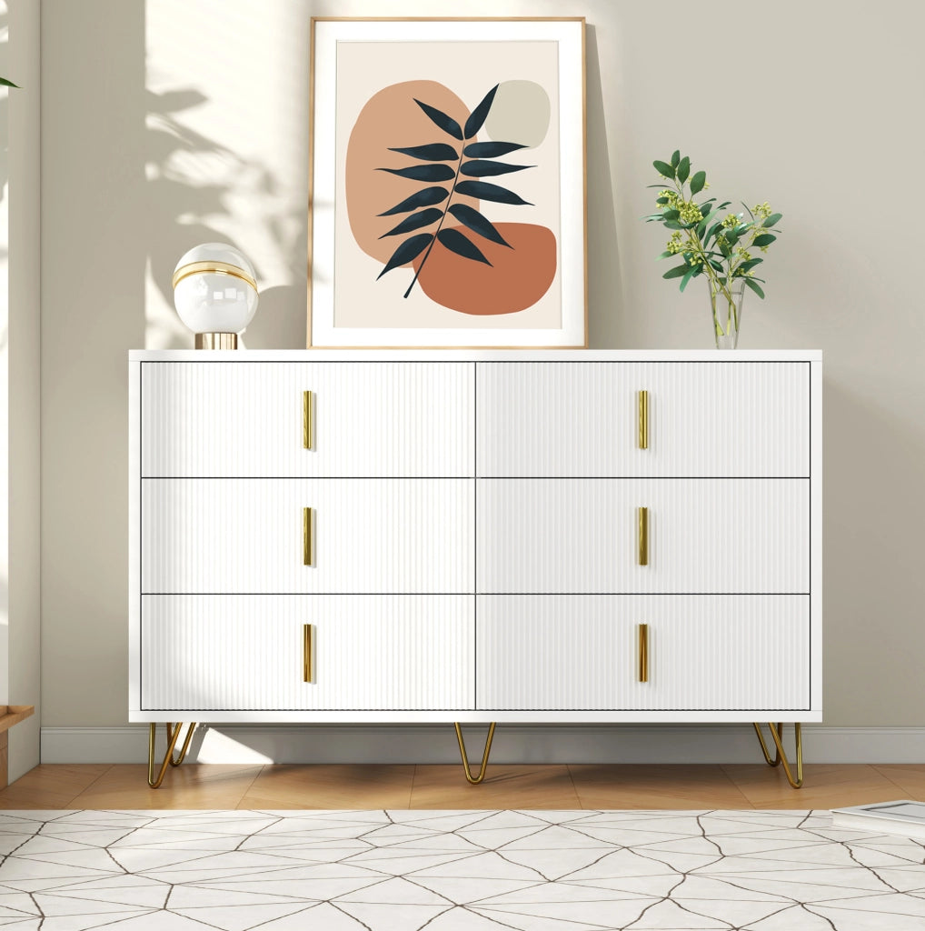 Sideboard 120x40x77 cm con sei cassetti; in truciolato; bianco e oro